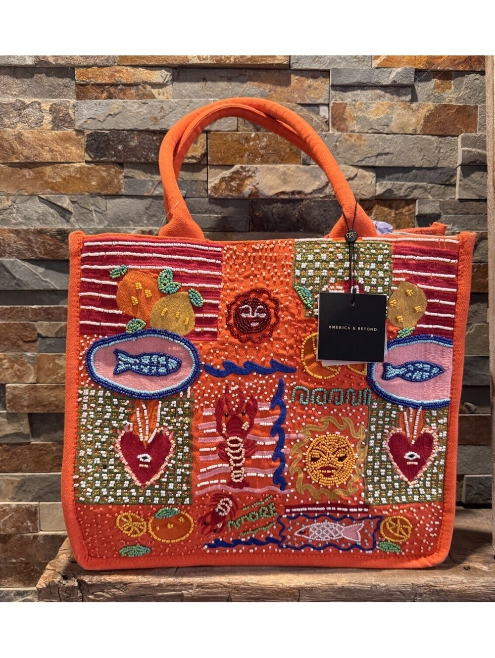 America Beyond Beaded Tote Bag Sea Nautical Lobster Orange Patchwork Zip Strap